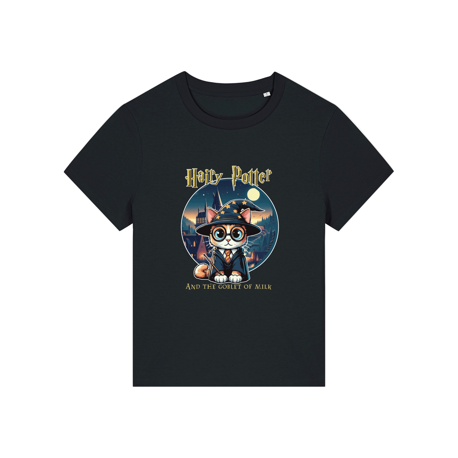 black geek tee with the graphic of a cat dressed as a wizard and the slogan 'hairy potter and the goblet of milk'