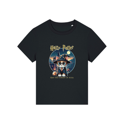 black geek tee with the graphic of a cat dressed as a wizard and the slogan 'hairy potter and the goblet of milk'