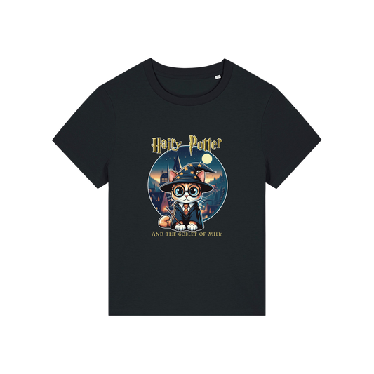 black geek tee with the graphic of a cat dressed as a wizard and the slogan 'hairy potter and the goblet of milk'