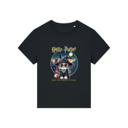 black geek tee with the graphic of a cat dressed as a wizard and the slogan 'hairy potter and the goblet of milk'