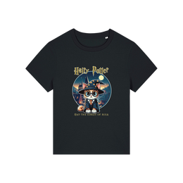 black geek tee with the graphic of a cat dressed as a wizard and the slogan 'hairy potter and the goblet of milk'