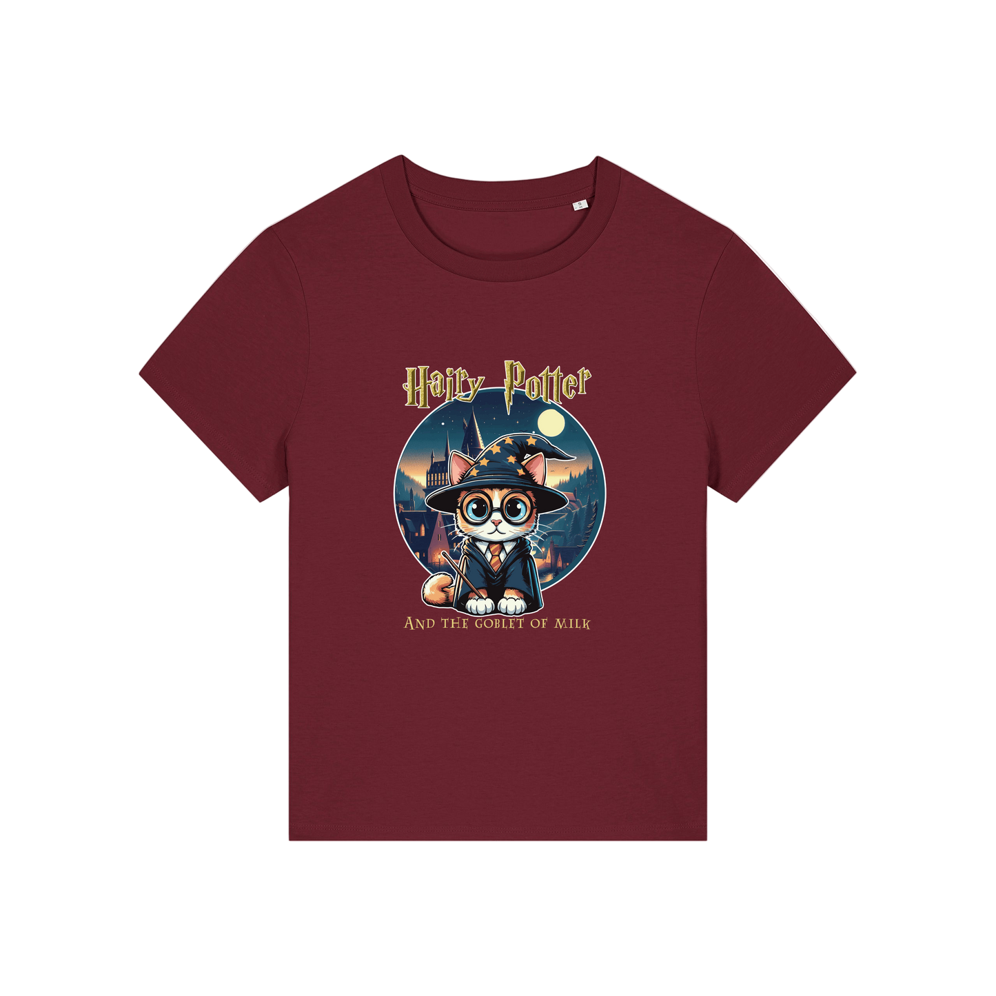 burgundy geek tee with the graphic of a cat dressed as a wizard and the slogan 'hairy potter and the goblet of milk'