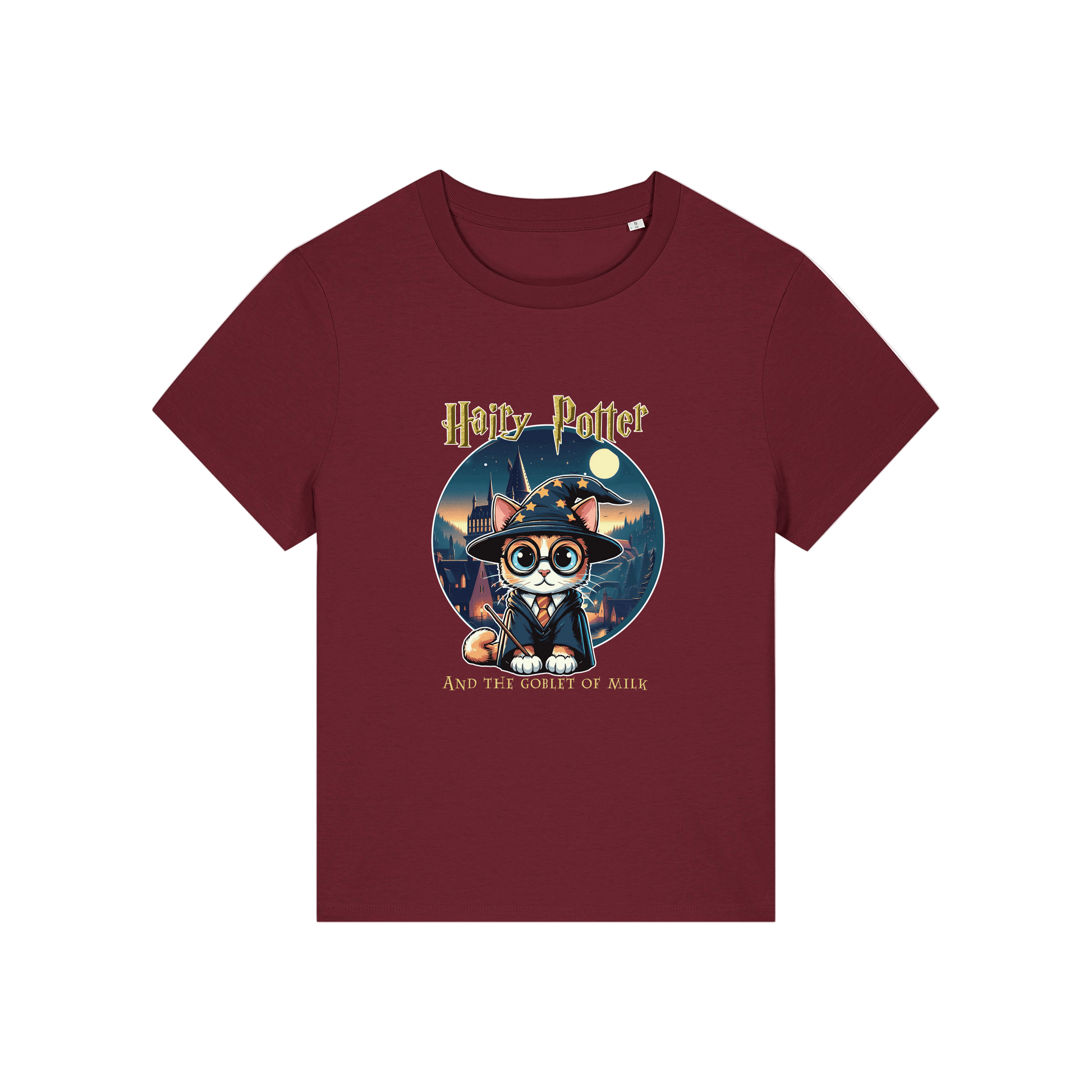 burgundy geek tee with the graphic of a cat dressed as a wizard and the slogan 'hairy potter and the goblet of milk'
