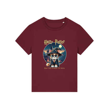burgundy geek tee with the graphic of a cat dressed as a wizard and the slogan 'hairy potter and the goblet of milk'