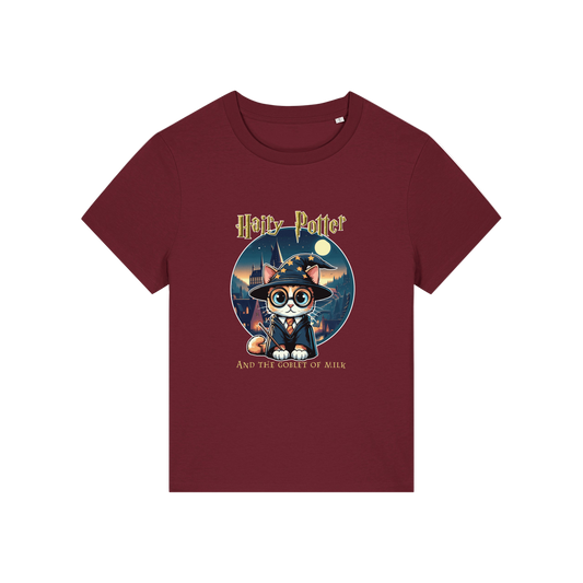 burgundy geek tee with the graphic of a cat dressed as a wizard and the slogan 'hairy potter and the goblet of milk'