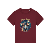burgundy geek tee with the graphic of a cat dressed as a wizard and the slogan 'hairy potter and the goblet of milk'