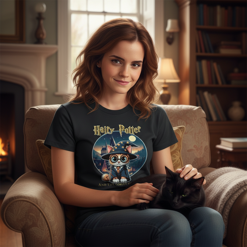 Woman wearing a 'Hairy Potter' t-shirt sitting on a couch with a black cat.