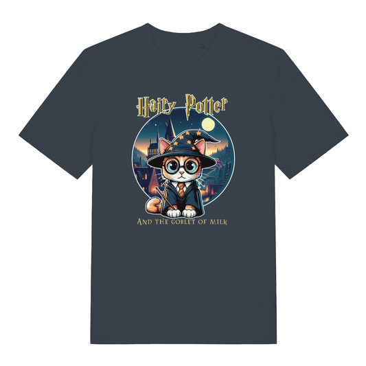 ink grey women's geek t-shirt with the graphic of a cat dressed as a wizard and the slogan 'hairy potter and the goblet of milk'