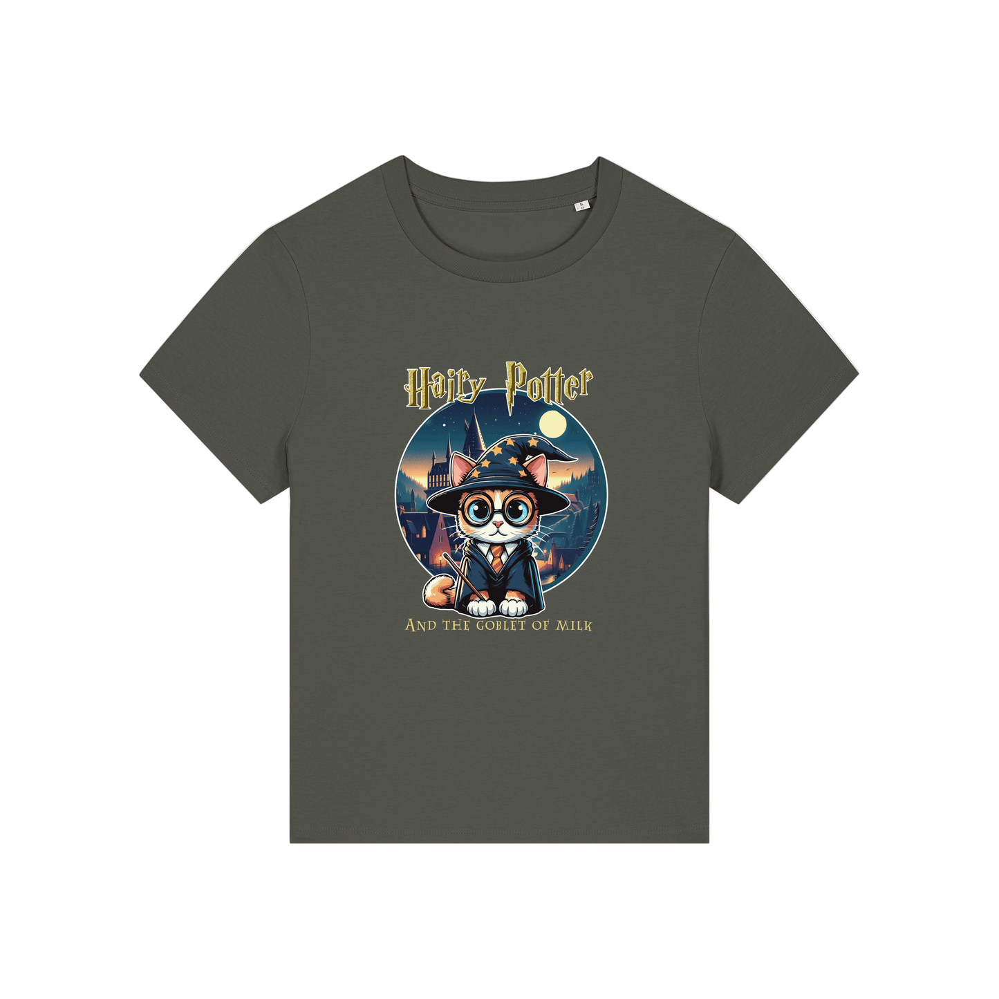khaki geek tee with the graphic of a cat dressed as a wizard and the slogan 'hairy potter and the goblet of milk'