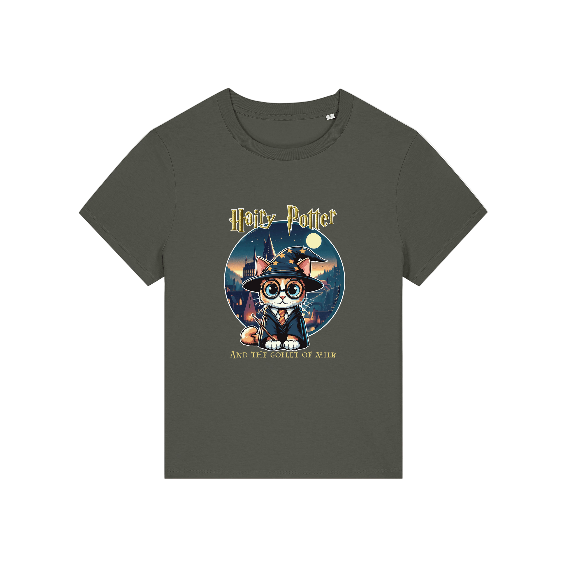 khaki geek tee with the graphic of a cat dressed as a wizard and the slogan 'hairy potter and the goblet of milk'