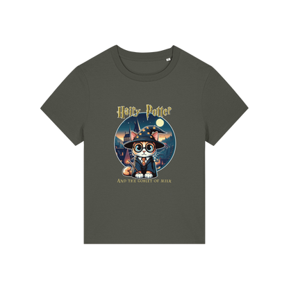 khaki geek tee with the graphic of a cat dressed as a wizard and the slogan 'hairy potter and the goblet of milk'