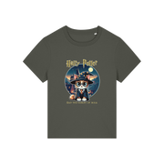 khaki geek tee with the graphic of a cat dressed as a wizard and the slogan 'hairy potter and the goblet of milk'