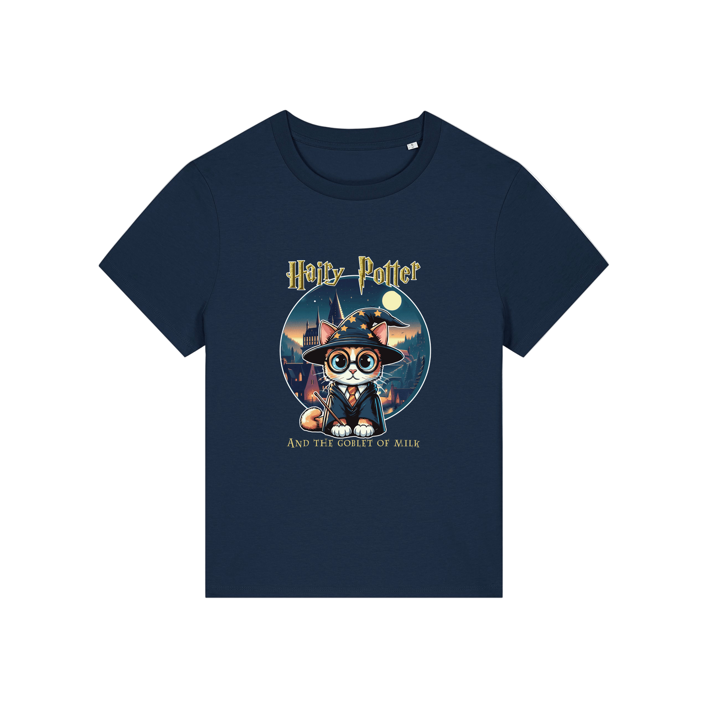 navy geek tee with the graphic of a cat dressed as a wizard and the slogan 'hairy potter and the goblet of milk'