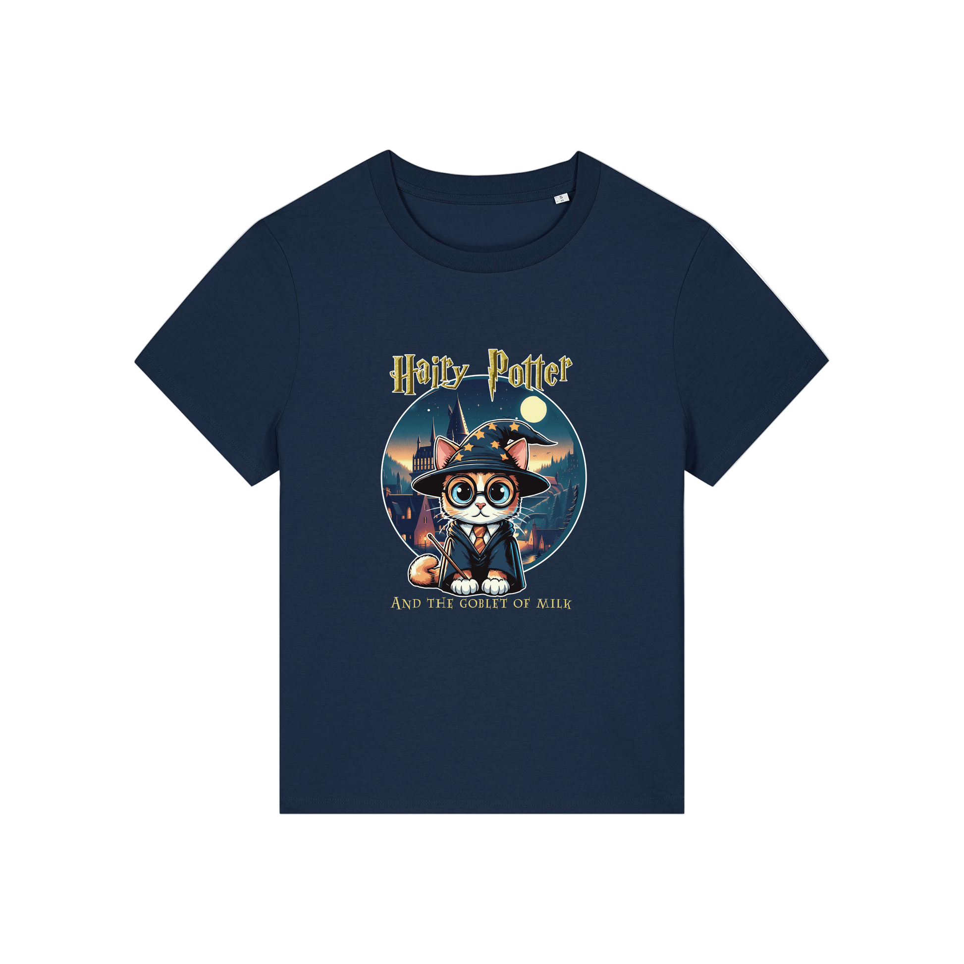 navy geek tee with the graphic of a cat dressed as a wizard and the slogan 'hairy potter and the goblet of milk'