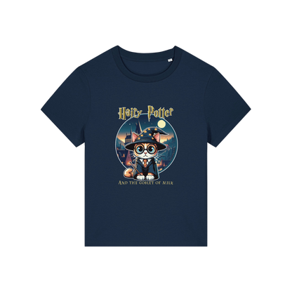 navy geek tee with the graphic of a cat dressed as a wizard and the slogan 'hairy potter and the goblet of milk'