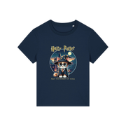 navy geek tee with the graphic of a cat dressed as a wizard and the slogan 'hairy potter and the goblet of milk'