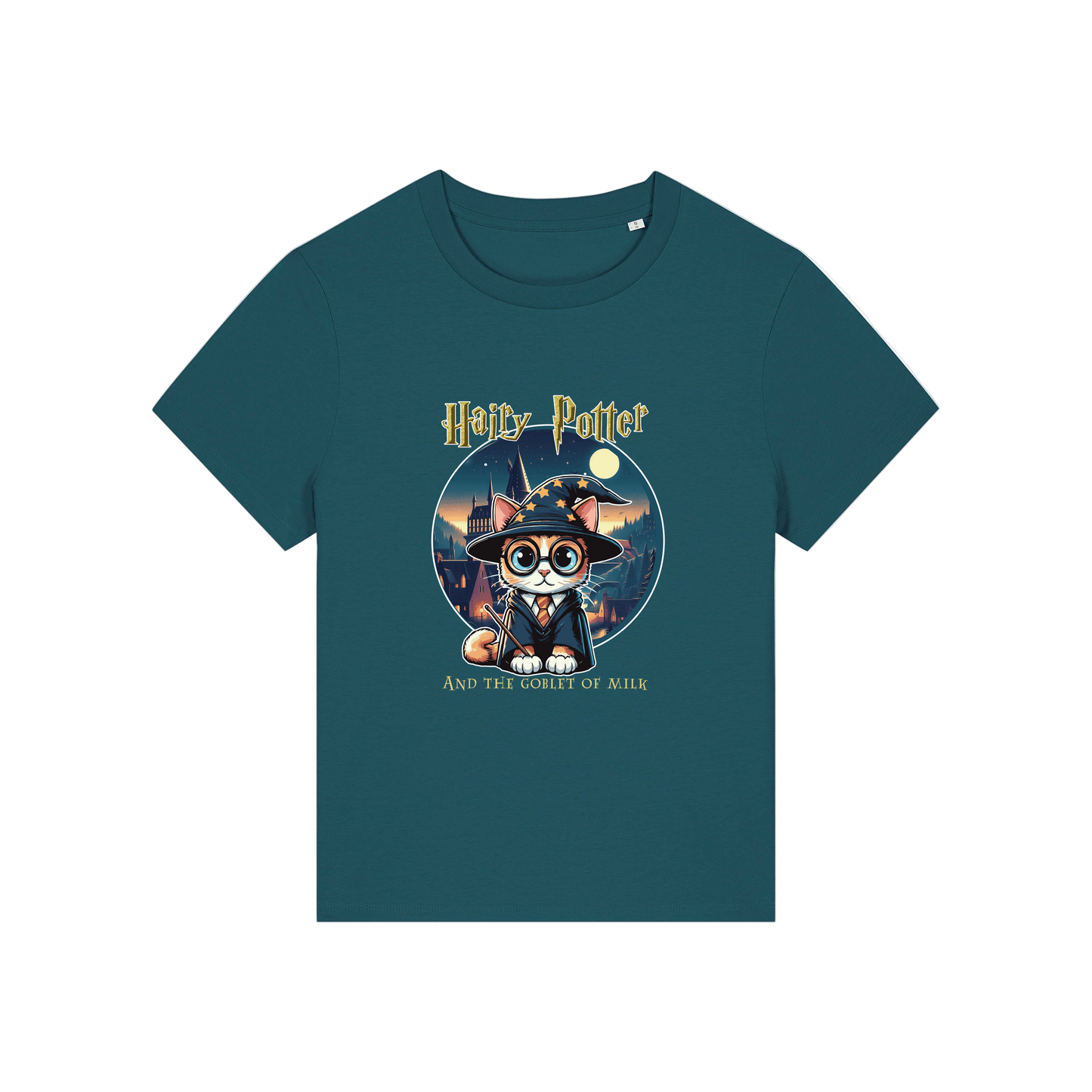 teal geek tee with the graphic of a cat dressed as a wizard and the slogan 'hairy potter and the goblet of milk'