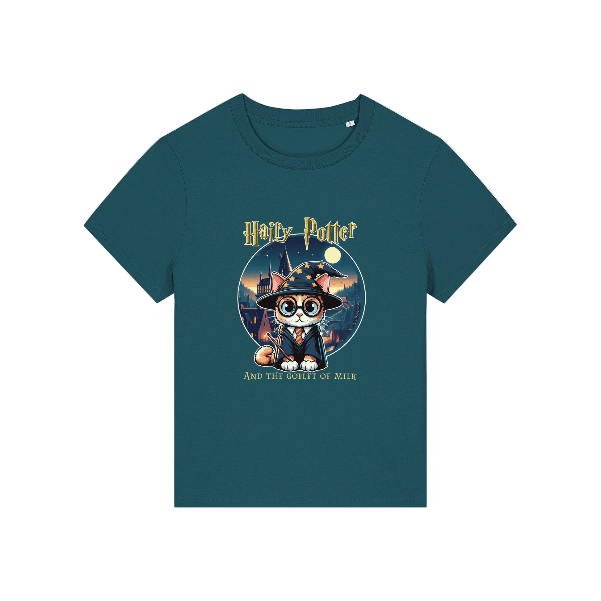 teal geek tee with the graphic of a cat dressed as a wizard and the slogan 'hairy potter and the goblet of milk'