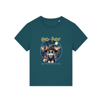 teal geek tee with the graphic of a cat dressed as a wizard and the slogan 'hairy potter and the goblet of milk'