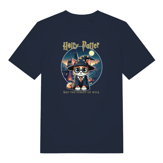 navy geek t-shirt with the graphic of a car dressed as a wizard and the slogan 'hairy potter and the goblet of milk'