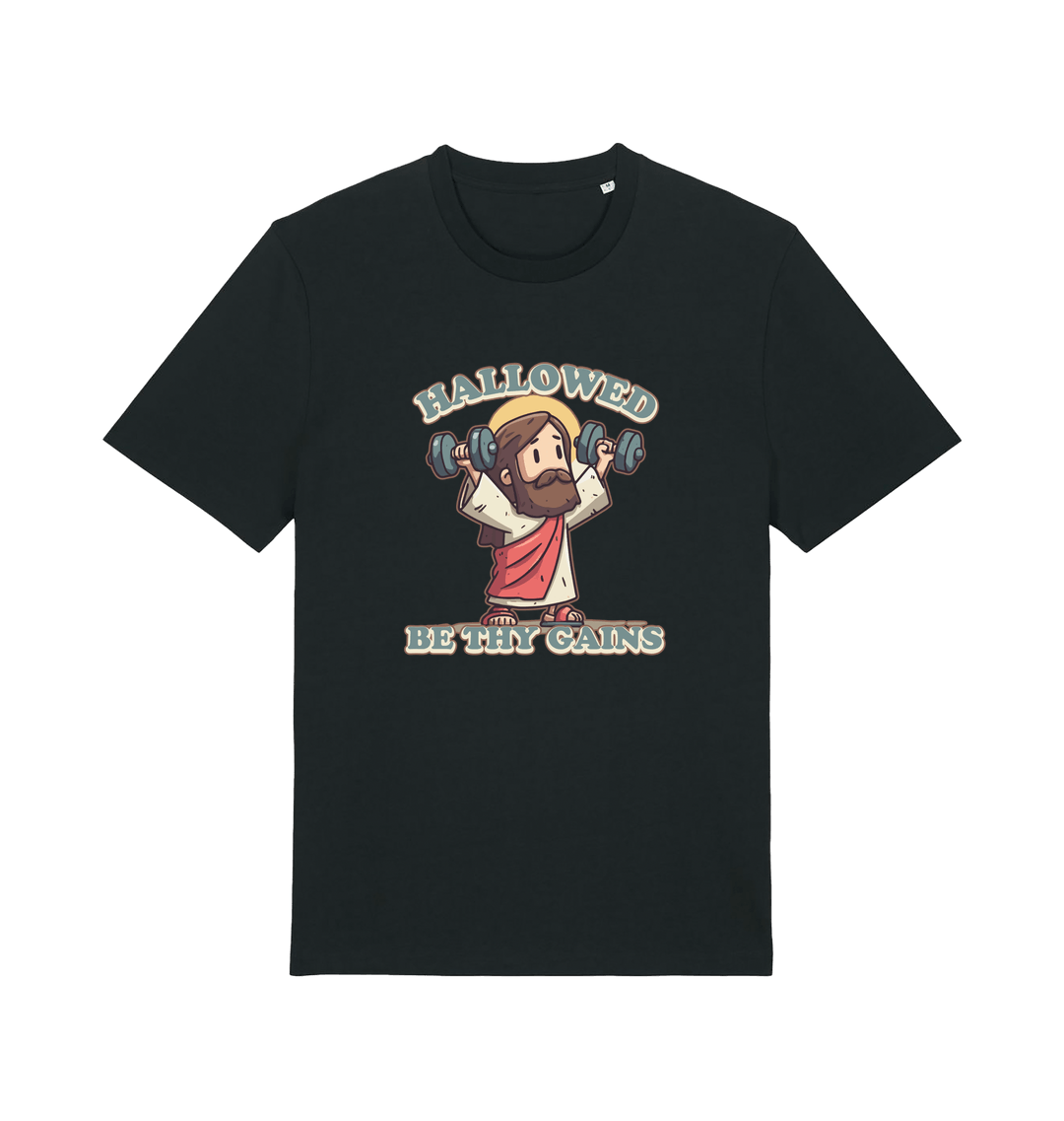 black funny jesus t-shirt with the graphic of jesus lifting weights and the slogan 'hallowed be thy gains'