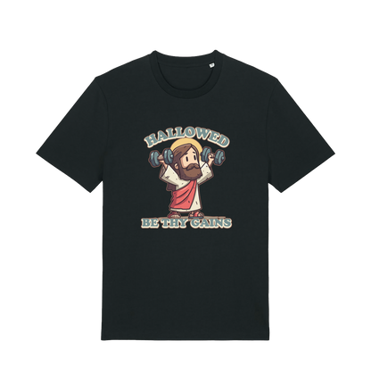 black funny jesus t-shirt with the graphic of jesus lifting weights and the slogan 'hallowed be thy gains'