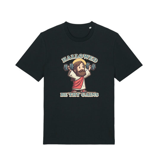 black funny jesus t-shirt with the graphic of jesus lifting weights and the slogan 'hallowed be thy gains'