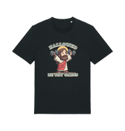 black funny jesus t-shirt with the graphic of jesus lifting weights and the slogan 'hallowed be thy gains'