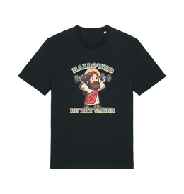 black funny jesus t-shirt with the graphic of jesus lifting weights and the slogan 'hallowed be thy gains'
