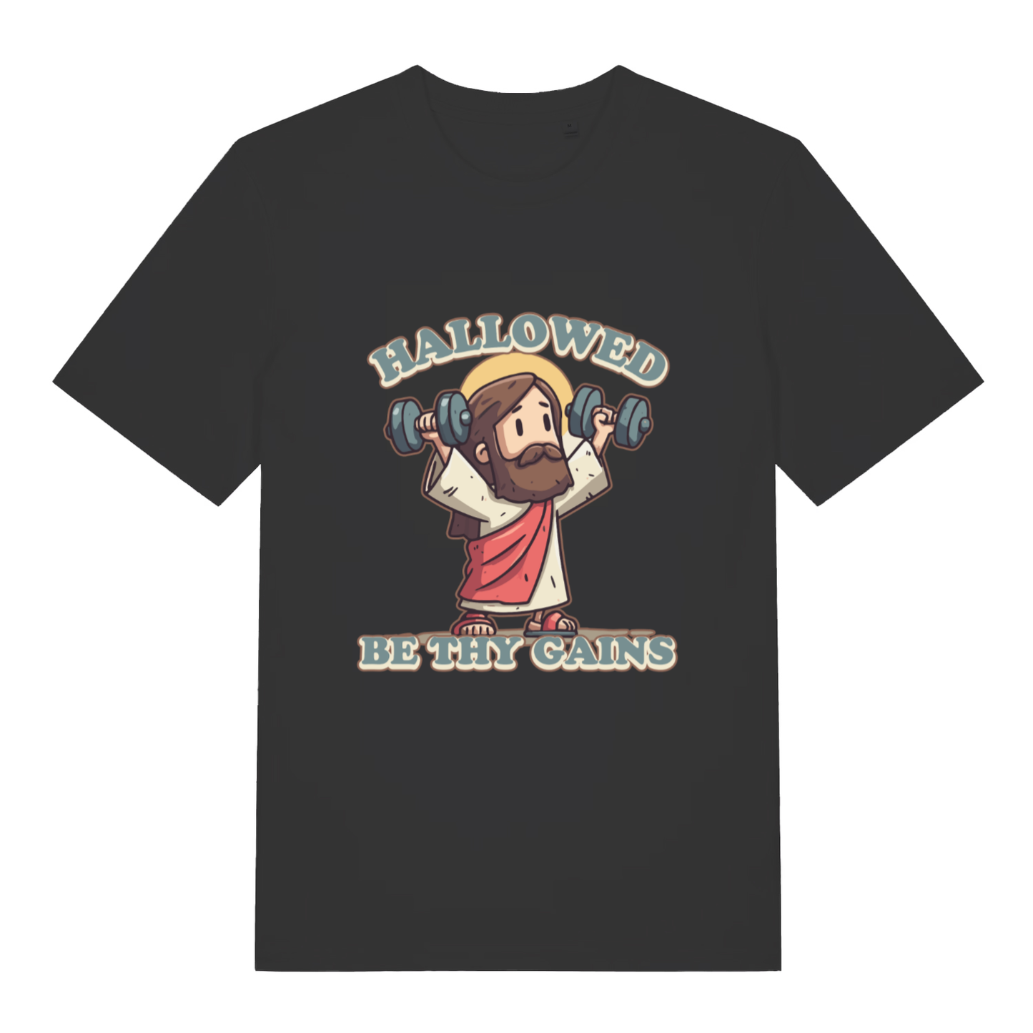 Black Hallowed Be Thy Gains T-shirt flat lay with cartoon Jesus lifting dumbbells gym graphic