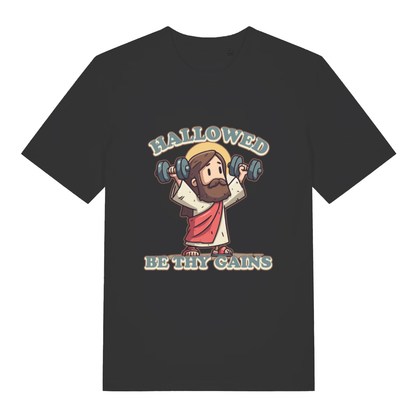 Black Hallowed Be Thy Gains T-shirt flat lay with cartoon Jesus lifting dumbbells gym graphic