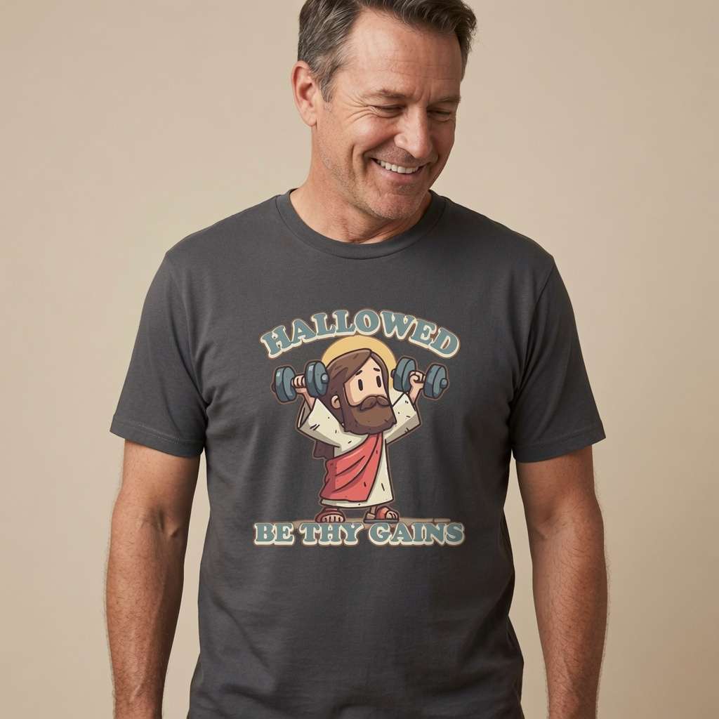 Man smiling looking down in black Hallowed Be Thy Gains tee with Jesus gym design, witty mens Jesus graphic