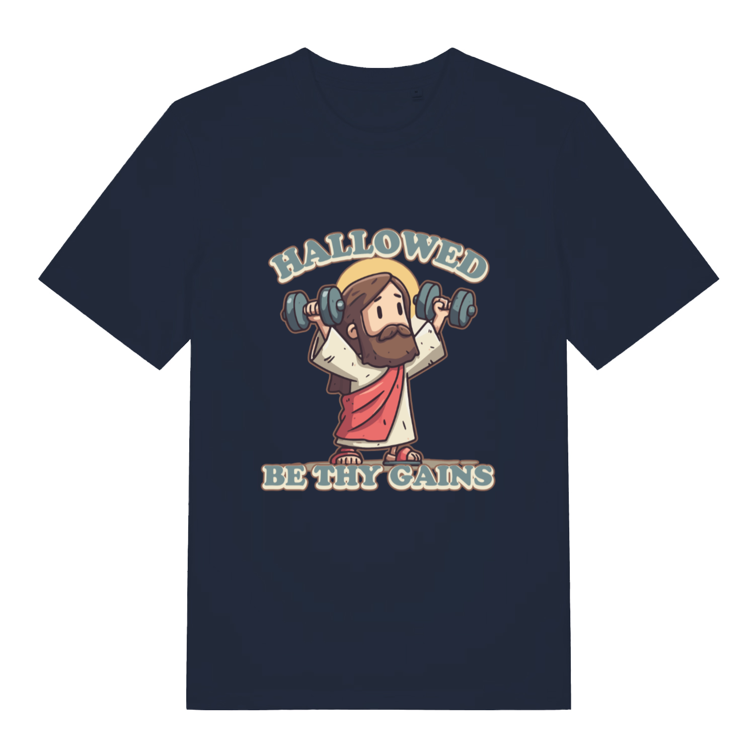 French Navy Hallowed Be Thy Gains T-shirt flat lay featuring funny religious fitness pun design
