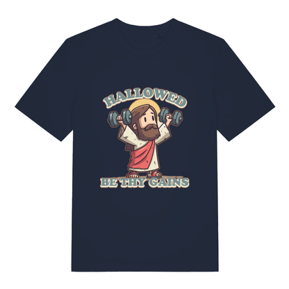 French Navy Hallowed Be Thy Gains T-shirt flat lay featuring funny religious fitness pun design