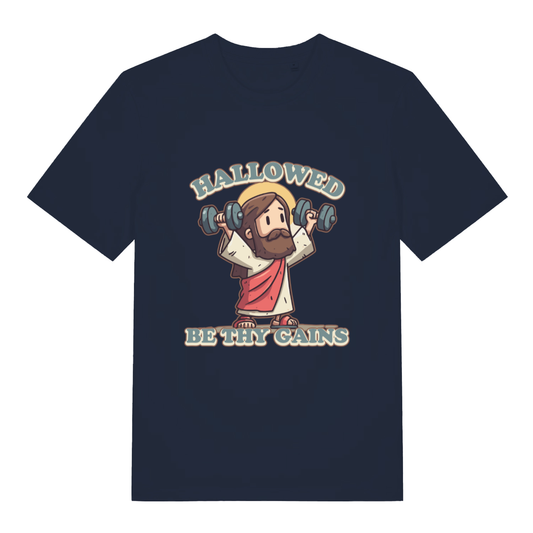 French Navy Hallowed Be Thy Gains T-shirt flat lay featuring funny religious fitness pun design