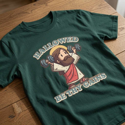 Glazed green Hallowed Be Thy Gains t-shirt on wood featuring Jesus lifting weights, funny mens fitness graphic Jesus