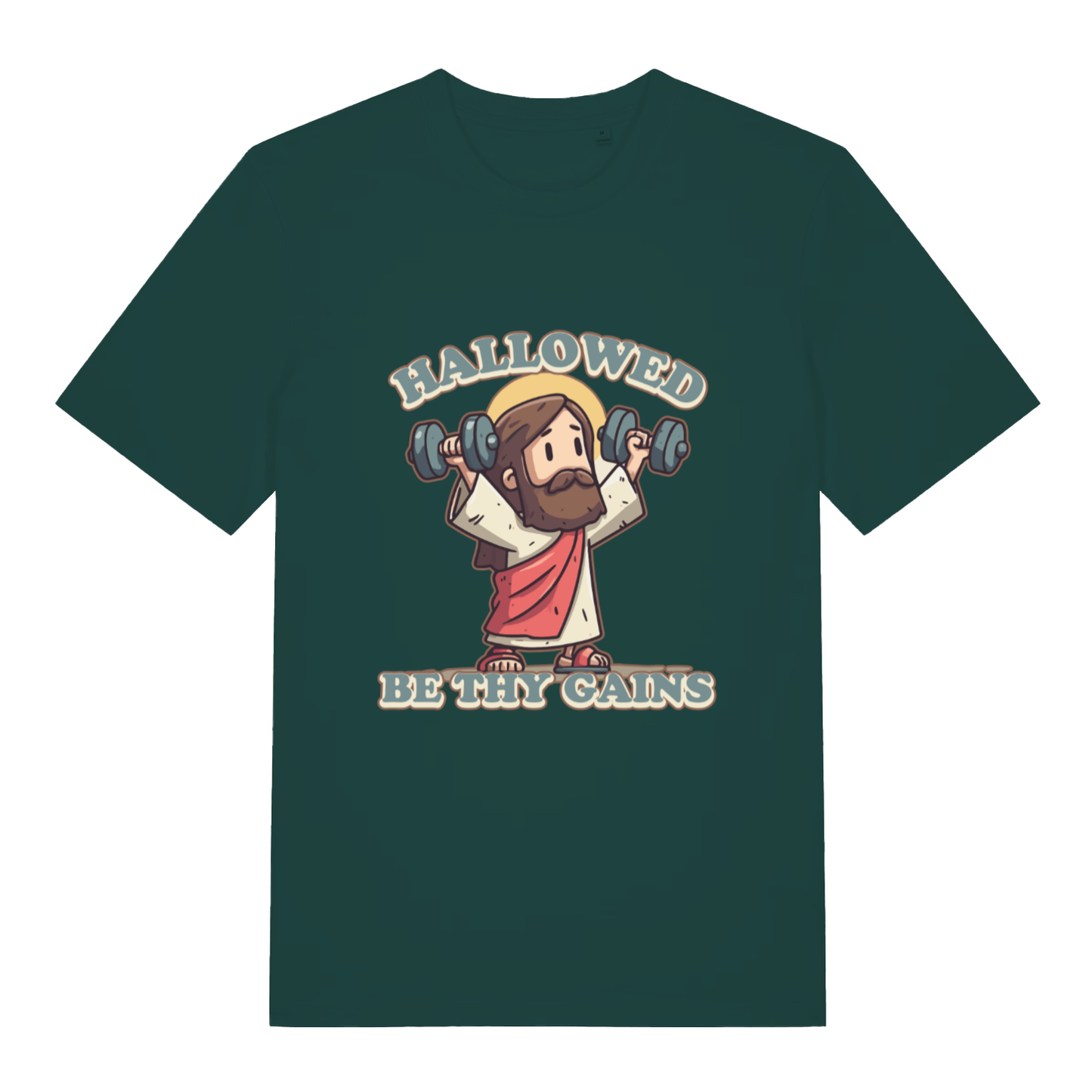 Glazed Green Hallowed Be Thy Gains T-shirt flat lay showing Jesus "hallowed be thy gains" graphic