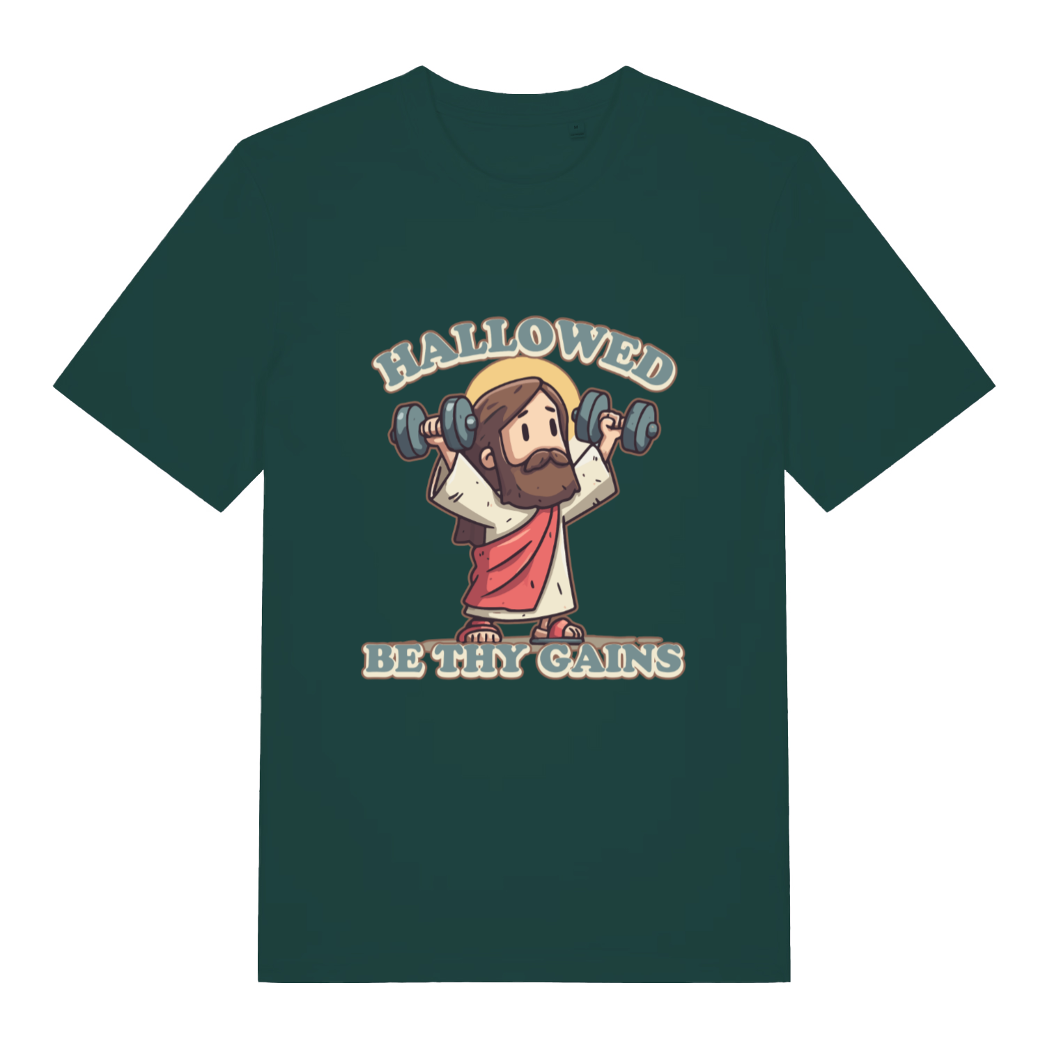 Glazed Green Hallowed Be Thy Gains T-shirt flat lay showing Jesus "hallowed be thy gains" graphic