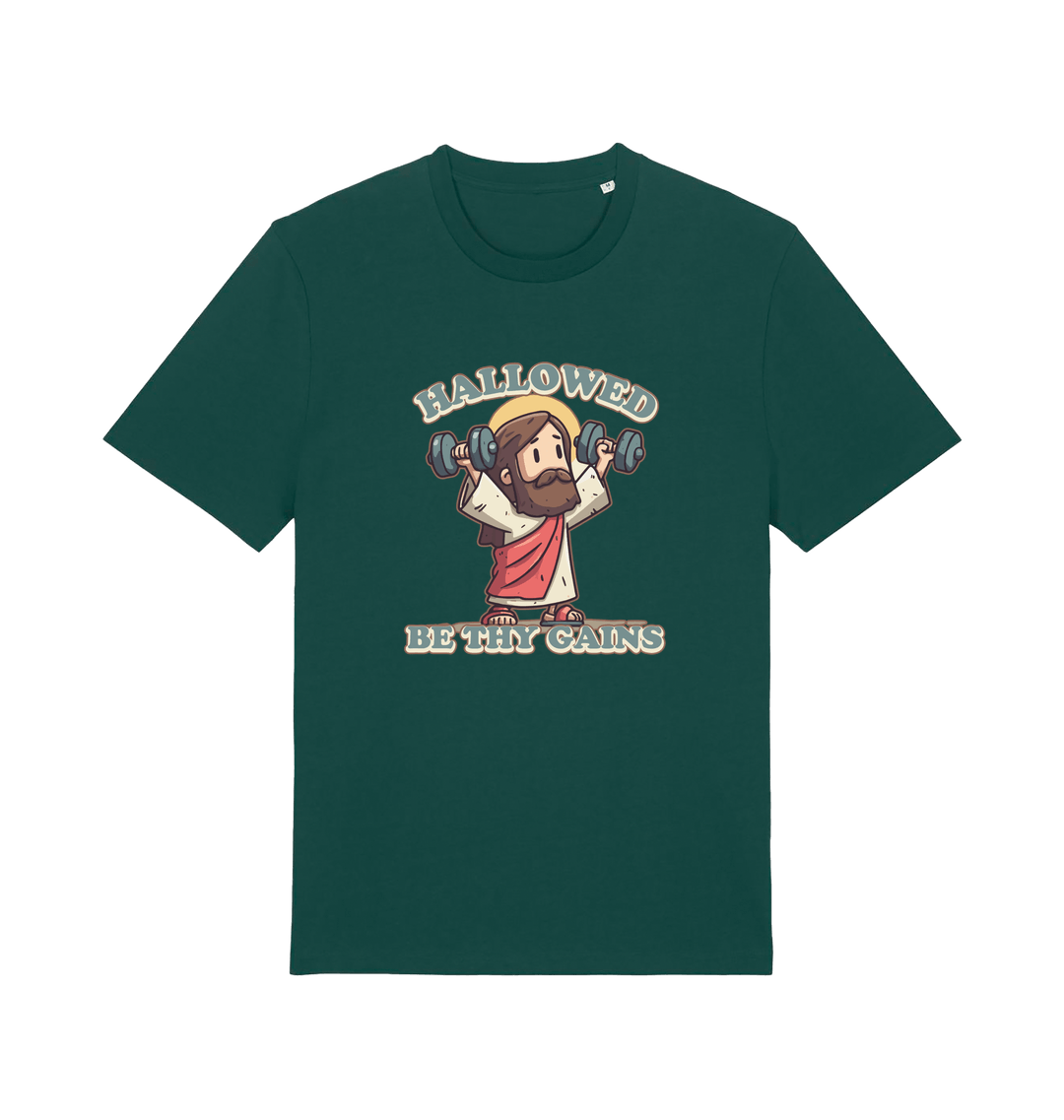 green funny jesus t-shirt with the graphic of jesus lifting weights and the slogan 'hallowed be thy gains'