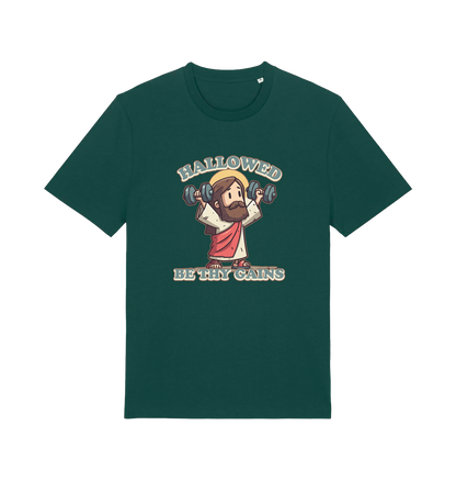 green funny jesus t-shirt with the graphic of jesus lifting weights and the slogan 'hallowed be thy gains'