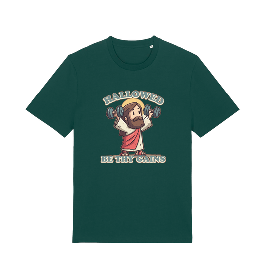 green funny jesus t-shirt with the graphic of jesus lifting weights and the slogan 'hallowed be thy gains'