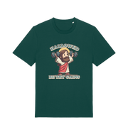 green funny jesus t-shirt with the graphic of jesus lifting weights and the slogan 'hallowed be thy gains'