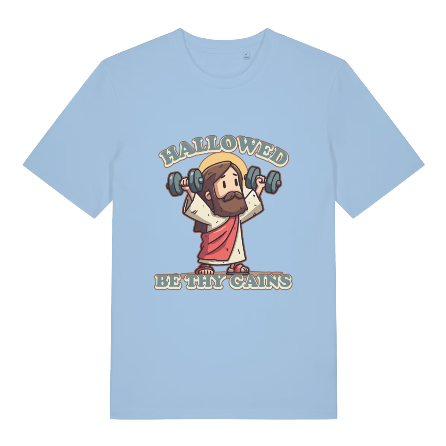 Light Blue Hallowed Be Thy Gains T-shirt flat lay with humorous weightlifting Jesus illustration