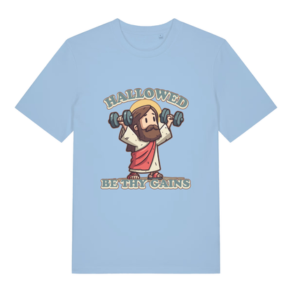 Light Blue Hallowed Be Thy Gains T-shirt flat lay with humorous weightlifting Jesus illustration