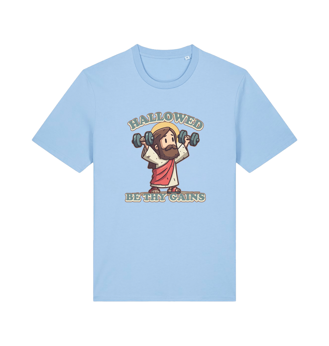light blue funny jesus t-shirt with the graphic of jesus lifting weights and the slogan 'hallowed be thy gains'