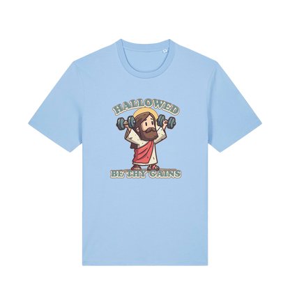 light blue funny jesus t-shirt with the graphic of jesus lifting weights and the slogan 'hallowed be thy gains'