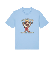 light blue funny jesus t-shirt with the graphic of jesus lifting weights and the slogan 'hallowed be thy gains'