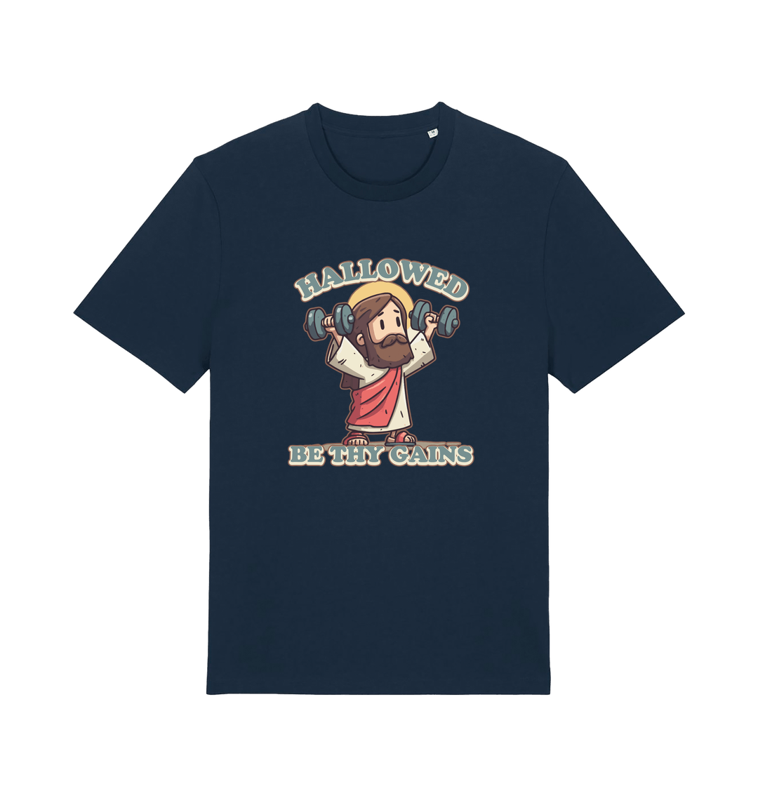 navy funny jesus t-shirt with the graphic of jesus lifting weights and the slogan 'hallowed be thy gains'