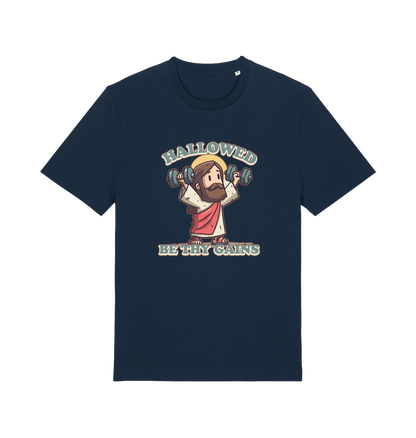 navy funny jesus t-shirt with the graphic of jesus lifting weights and the slogan 'hallowed be thy gains'
