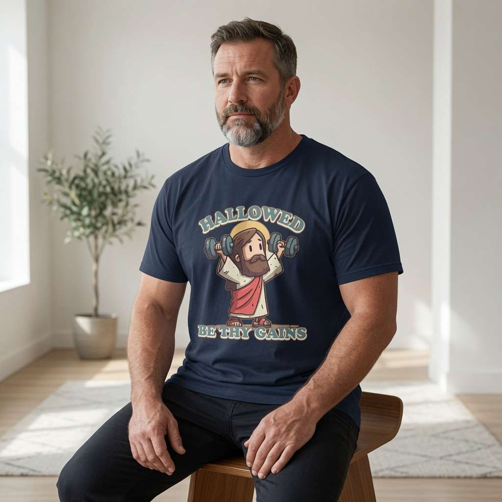Bearded man seated in navy Hallowed Be Thy Gains t-shirt featuring cartoon Jesus lifting dumbbells, funny witty mens fitness graphic